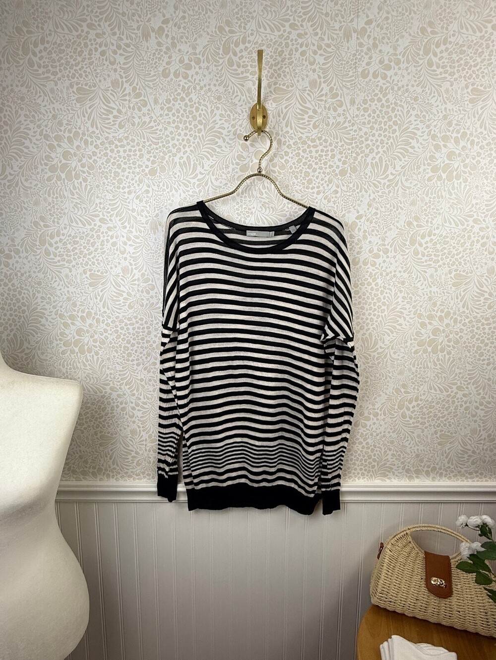 Vince Black Striped Oversized Fit Cotton Cashmere Blend Sweater - Size - Small